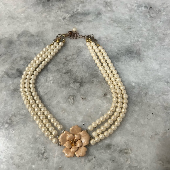 Faux Pearl Triple Strand Collar Enamel Beige Rose Fashion Necklace 14 in. - Picture 4 of 6